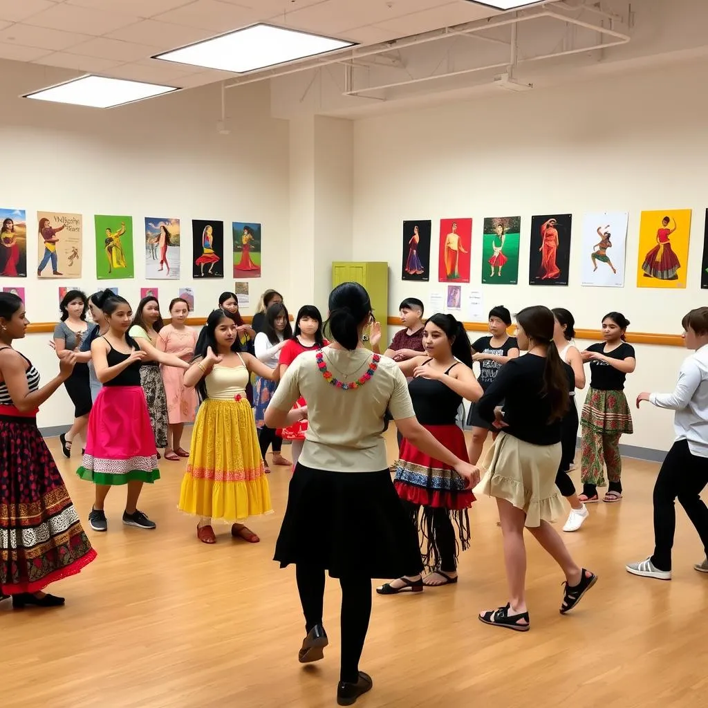 Students learning cultural dances in classroom