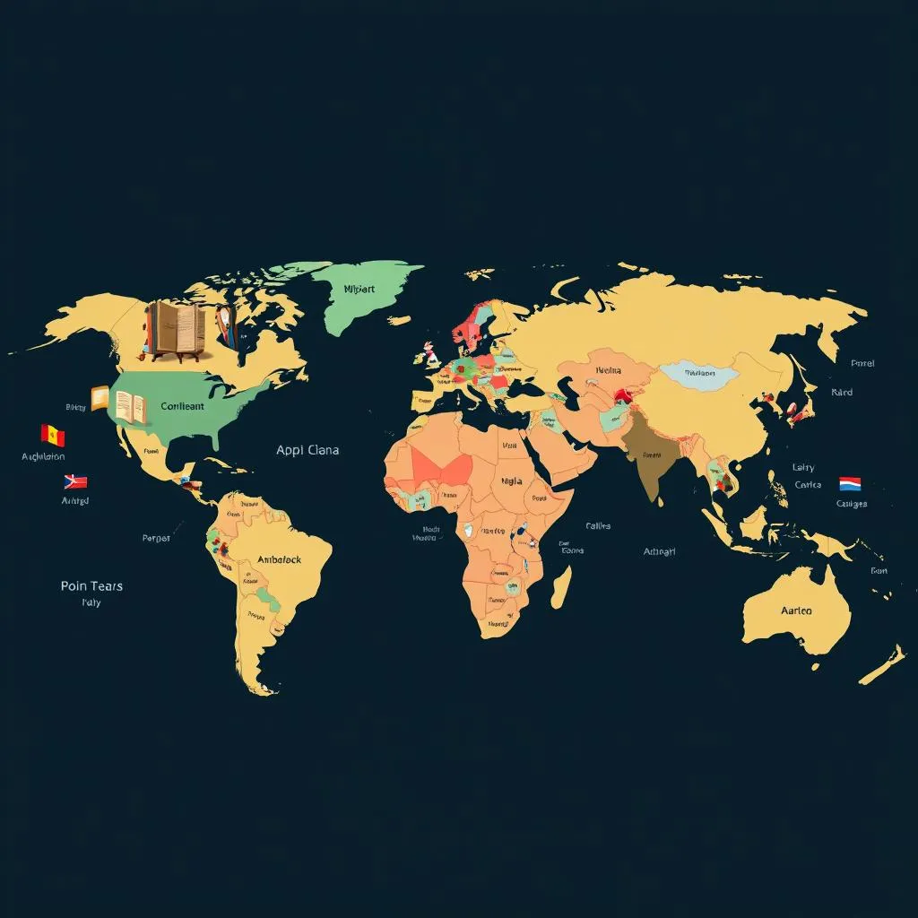 World map with diverse books.