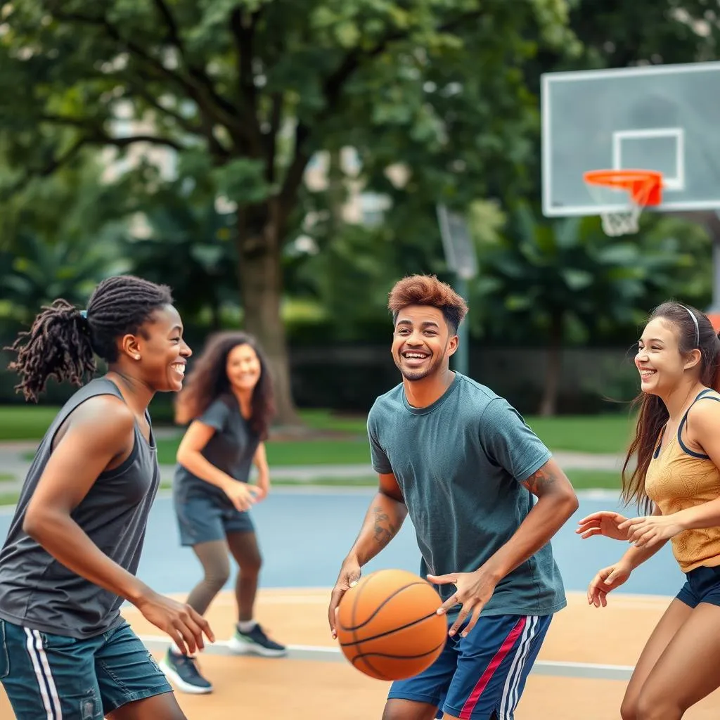 Diverse group of friends playing basketball in park