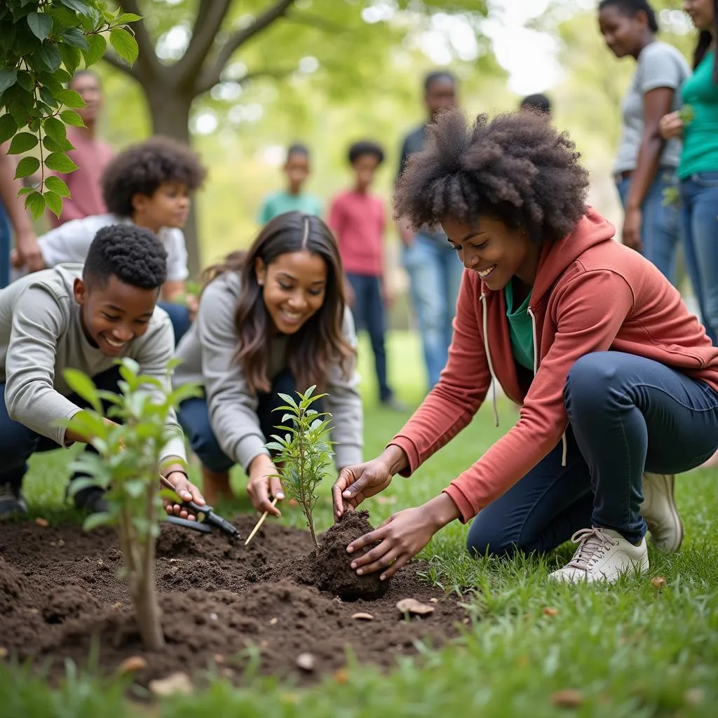 Diverse group helping in community