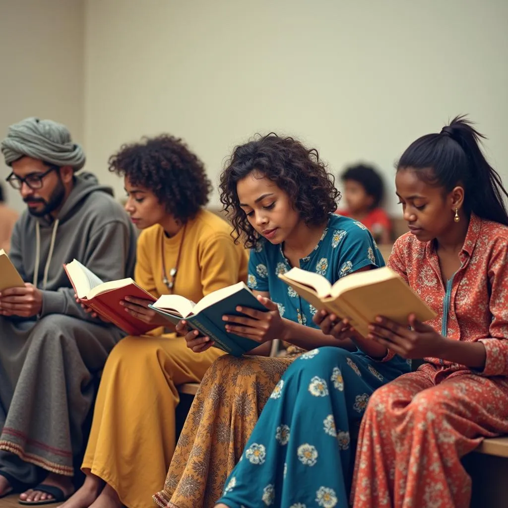 People reading books from different cultures