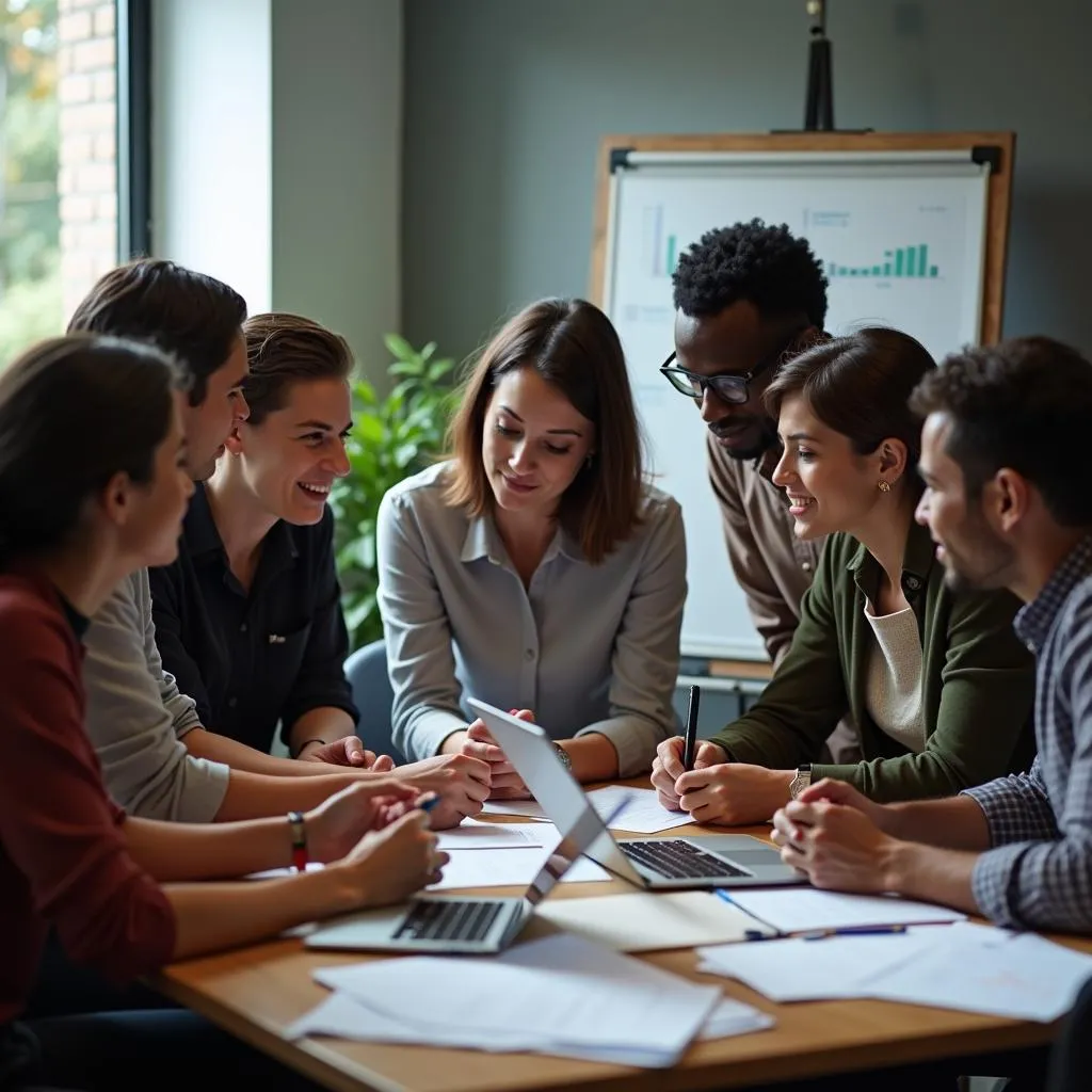 A group of diverse professionals collaborating on a project.