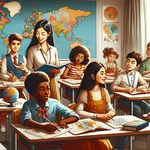 Diverse classroom with students from different cultures