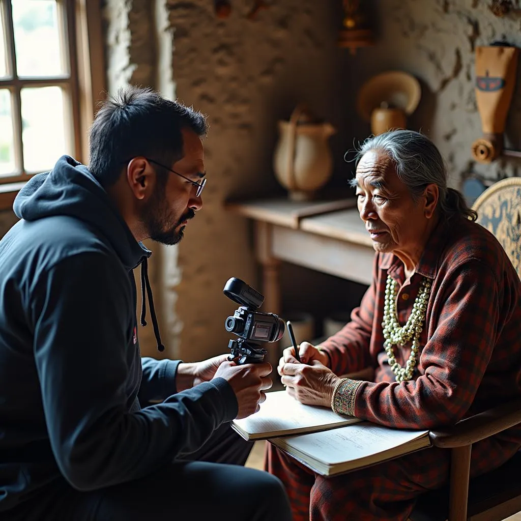 Documentary filmmaker conducting fieldwork