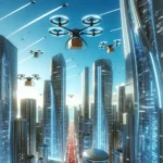 Drone delivering package in futuristic city