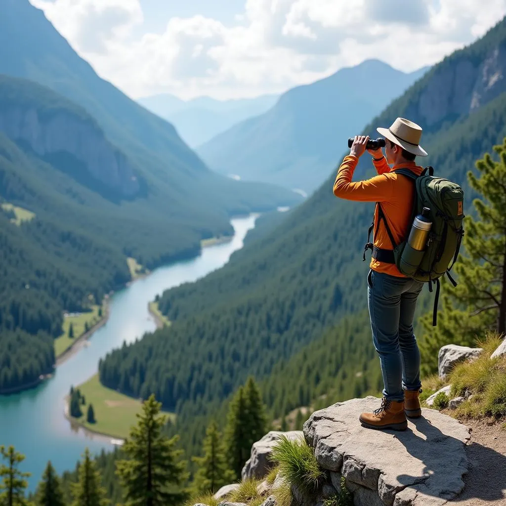 Eco-friendly tourist enjoying natural landscape