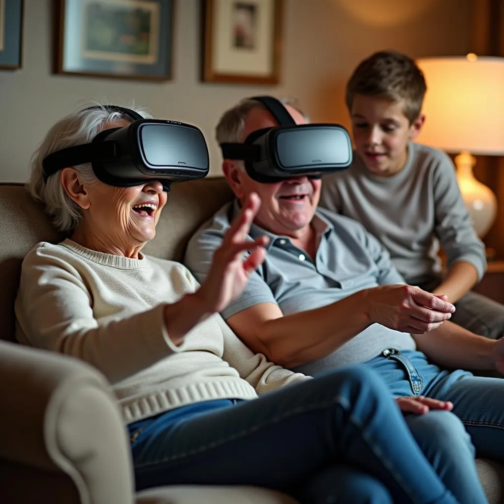 Elderly couple trying virtual reality headsets for the first time