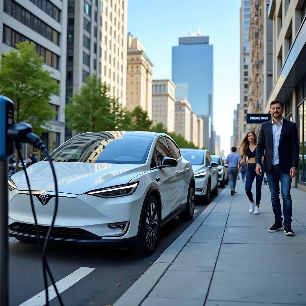 Electric cars at a charging station in a city