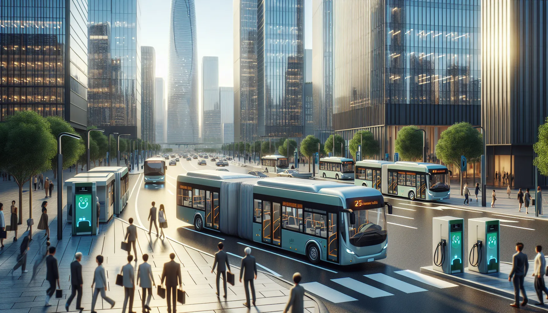 Electric buses in a modern city