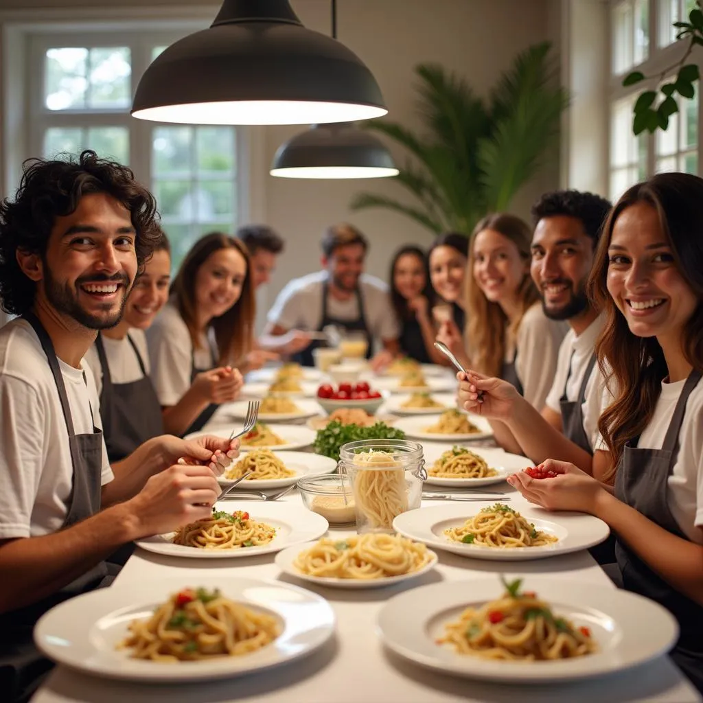 Group enjoying pasta meal