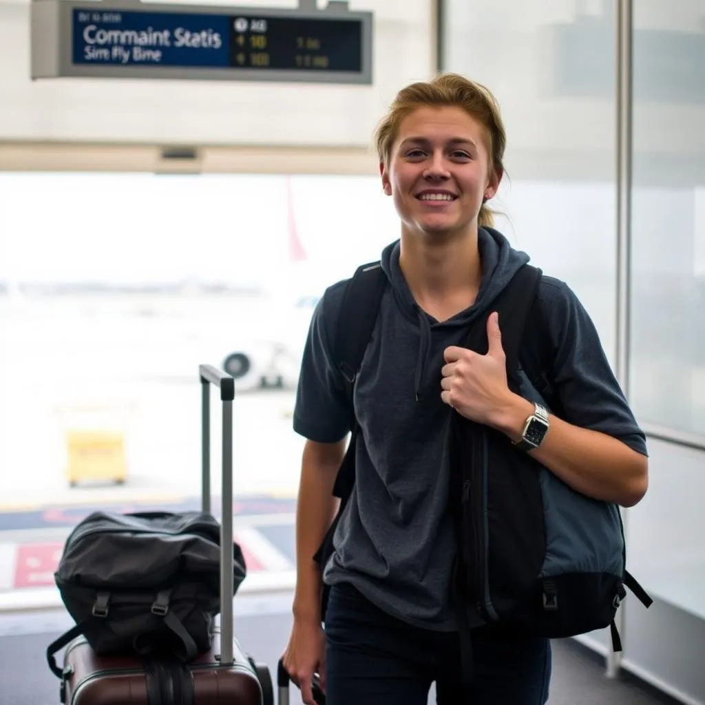 Excited traveler boarding plane for international trip