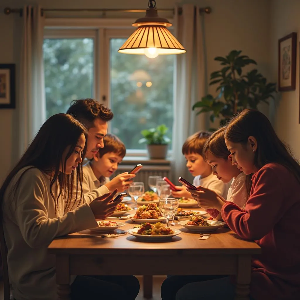 Family ignoring each other at dinner, focused on phones