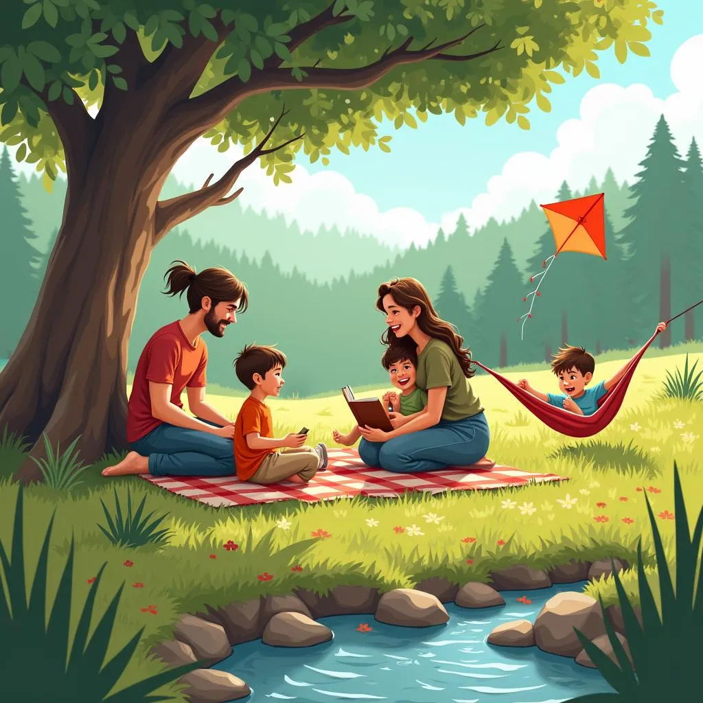 Family engaged in various outdoor relaxation activities