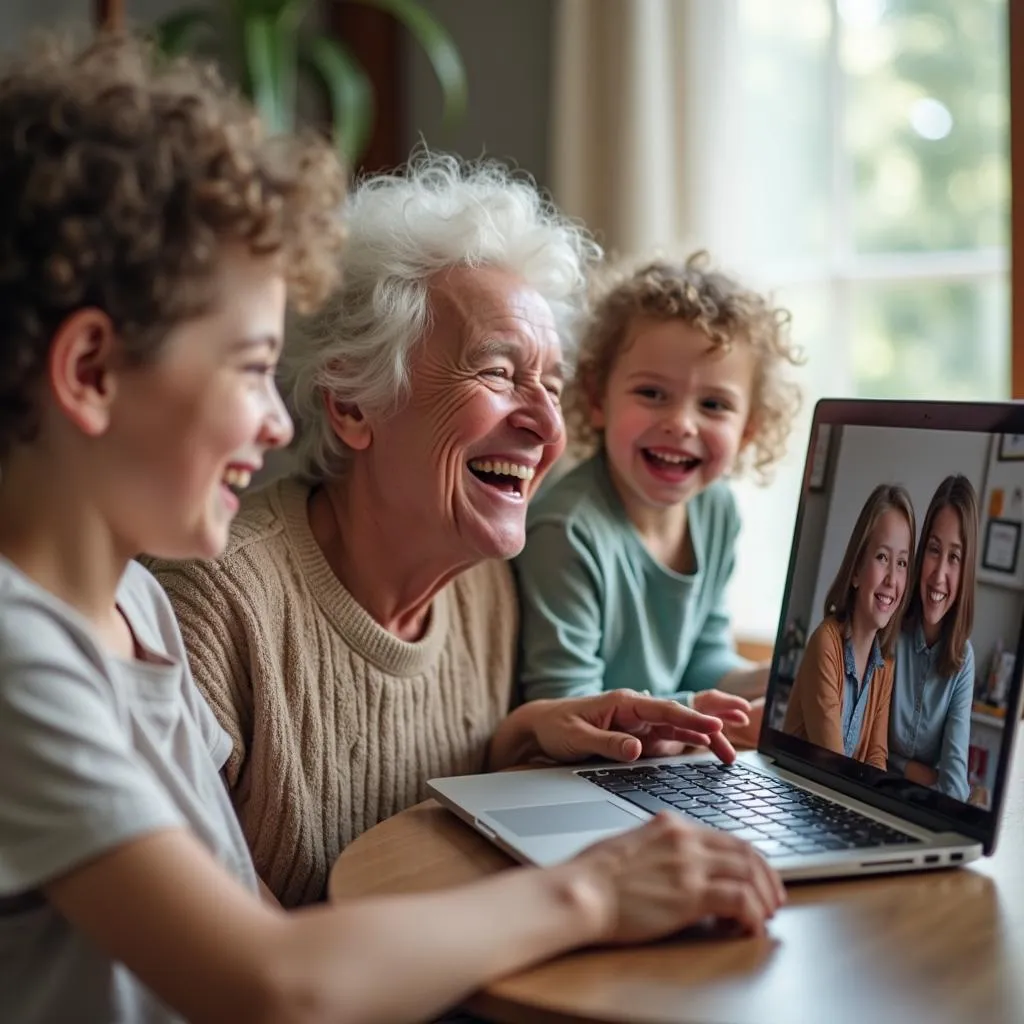 Smiling family connecting through video call