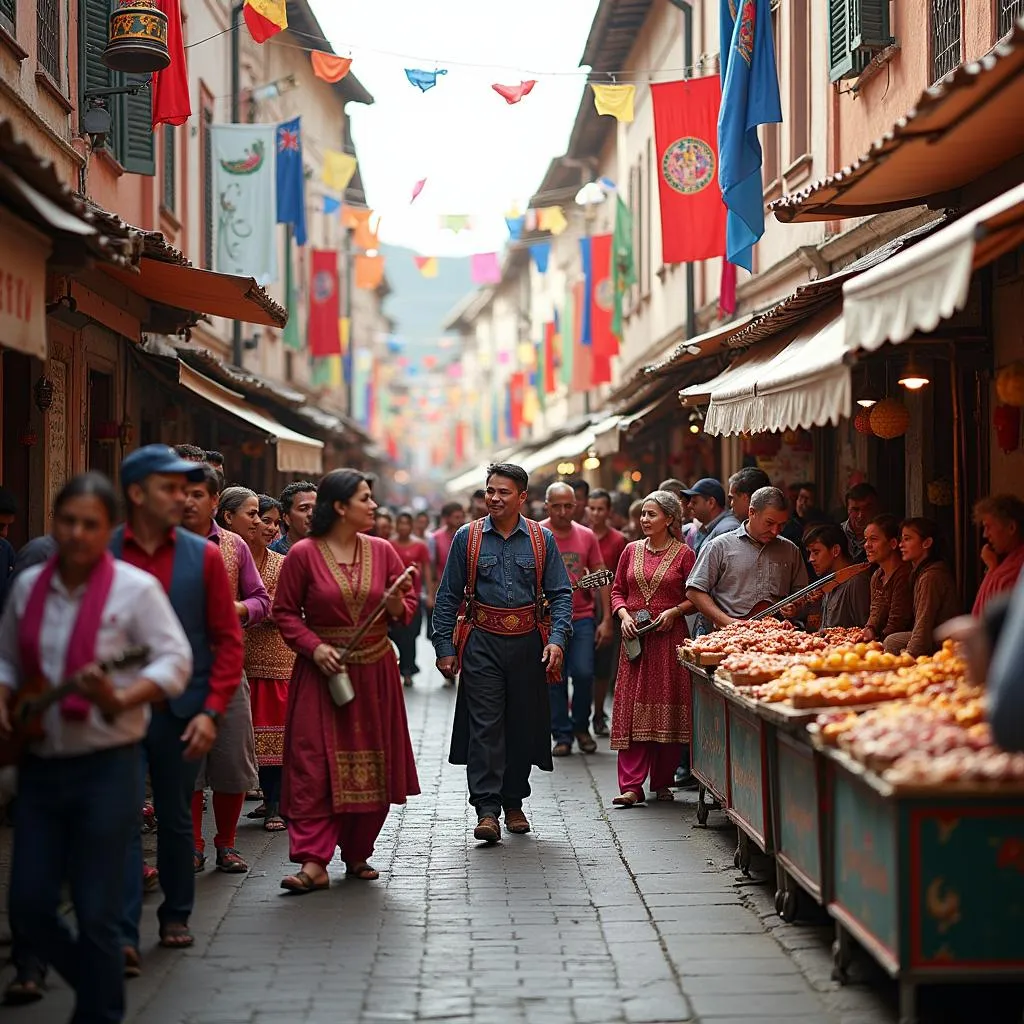 Vibrant festival atmosphere with colorful decorations