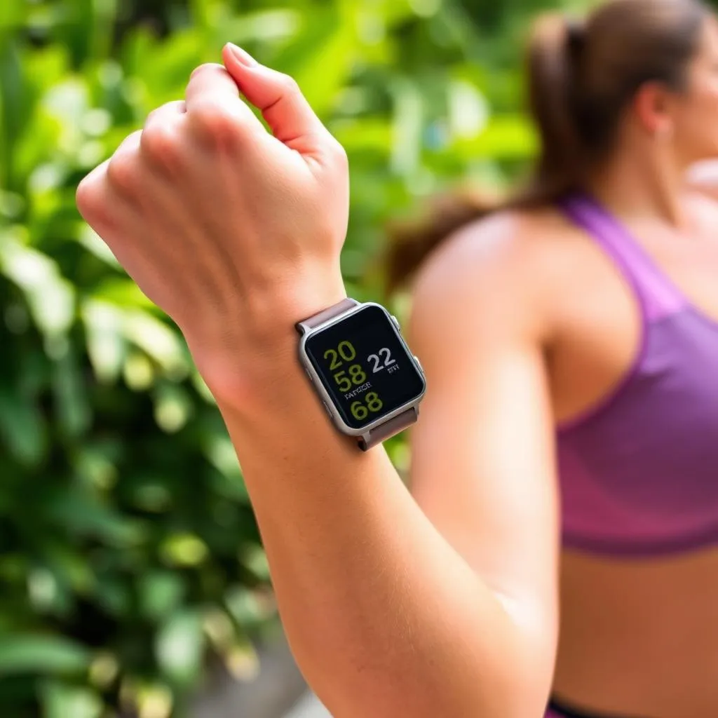 Close-up of a person wearing a fitness tracker while exercising.