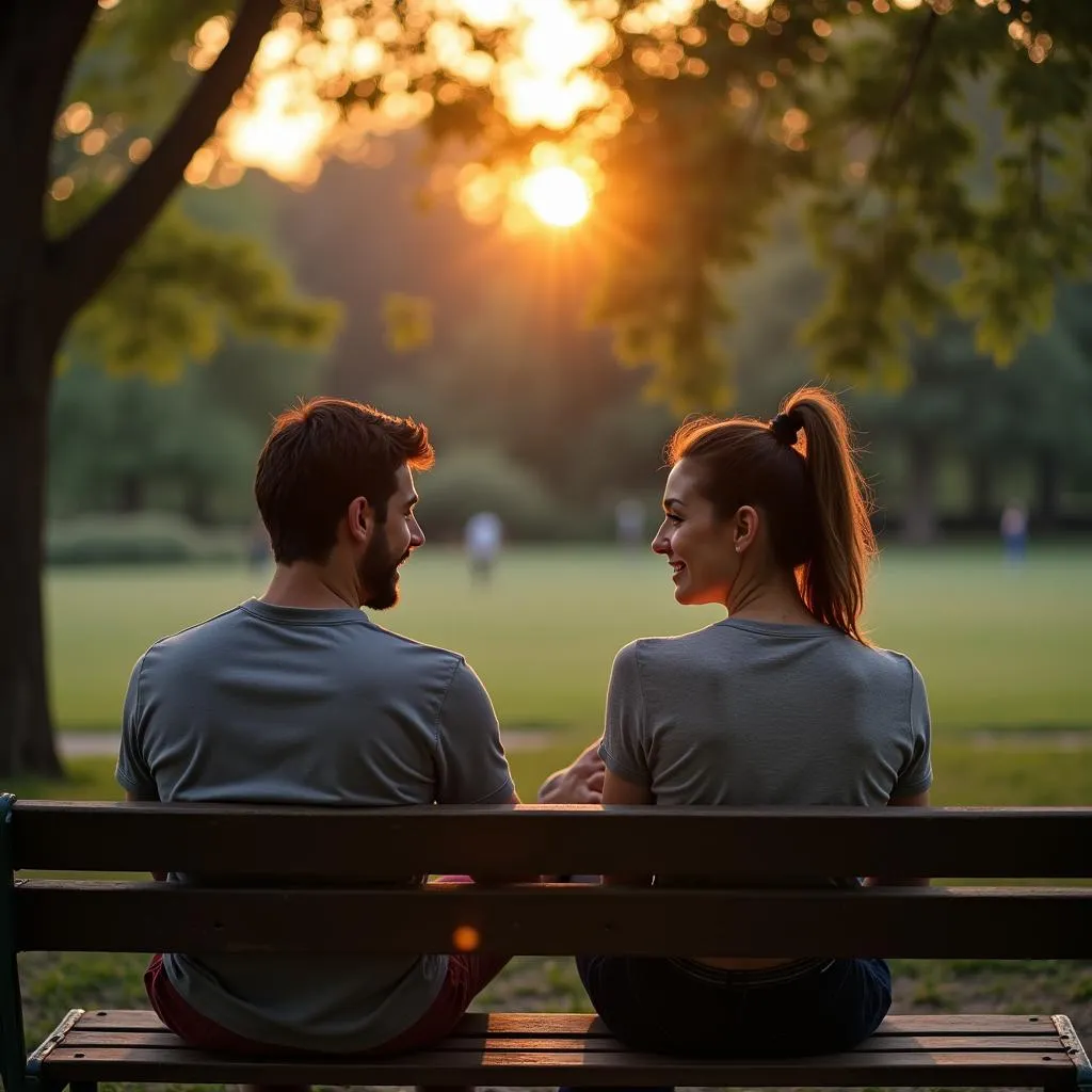 Friends chatting on a park bench