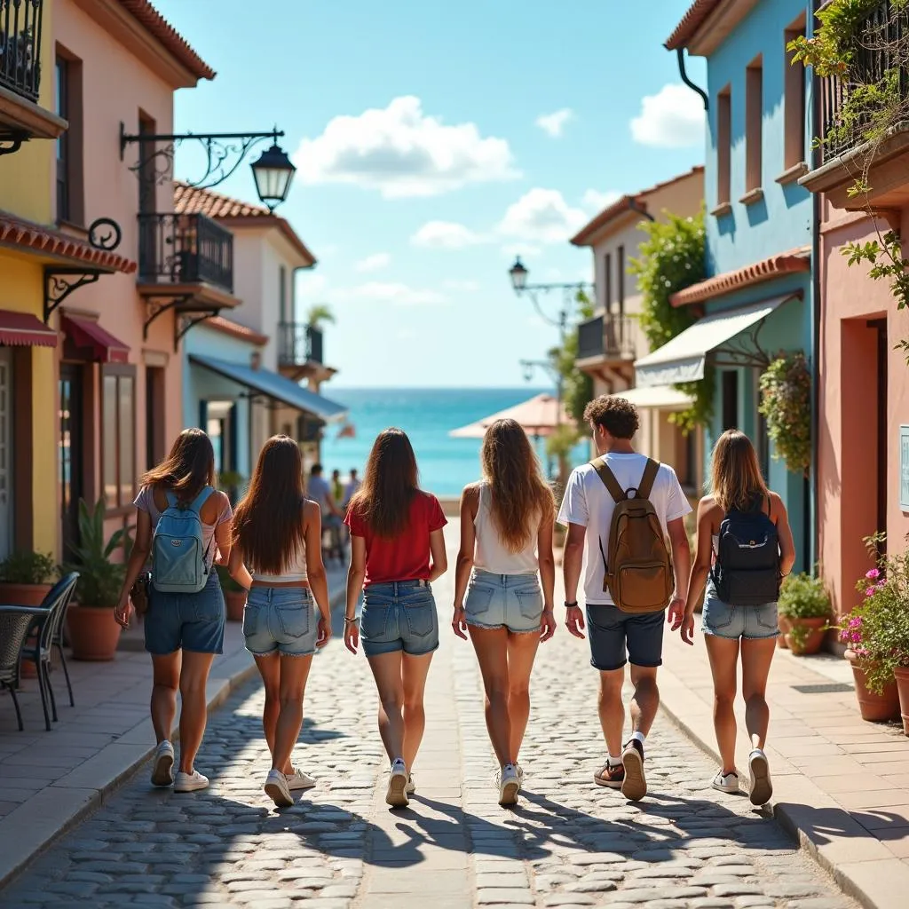 Friends exploring a picturesque coastal town