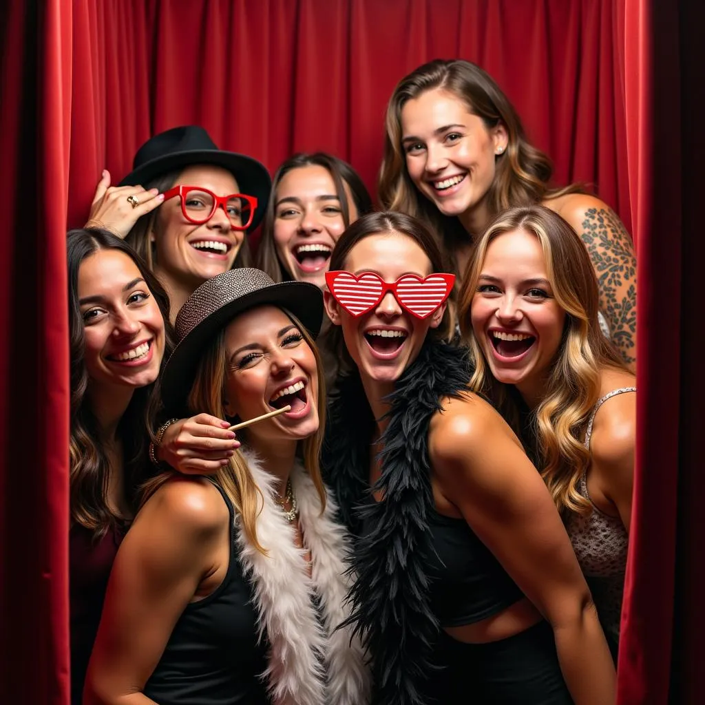 Group of friends posing in a photo booth at a party