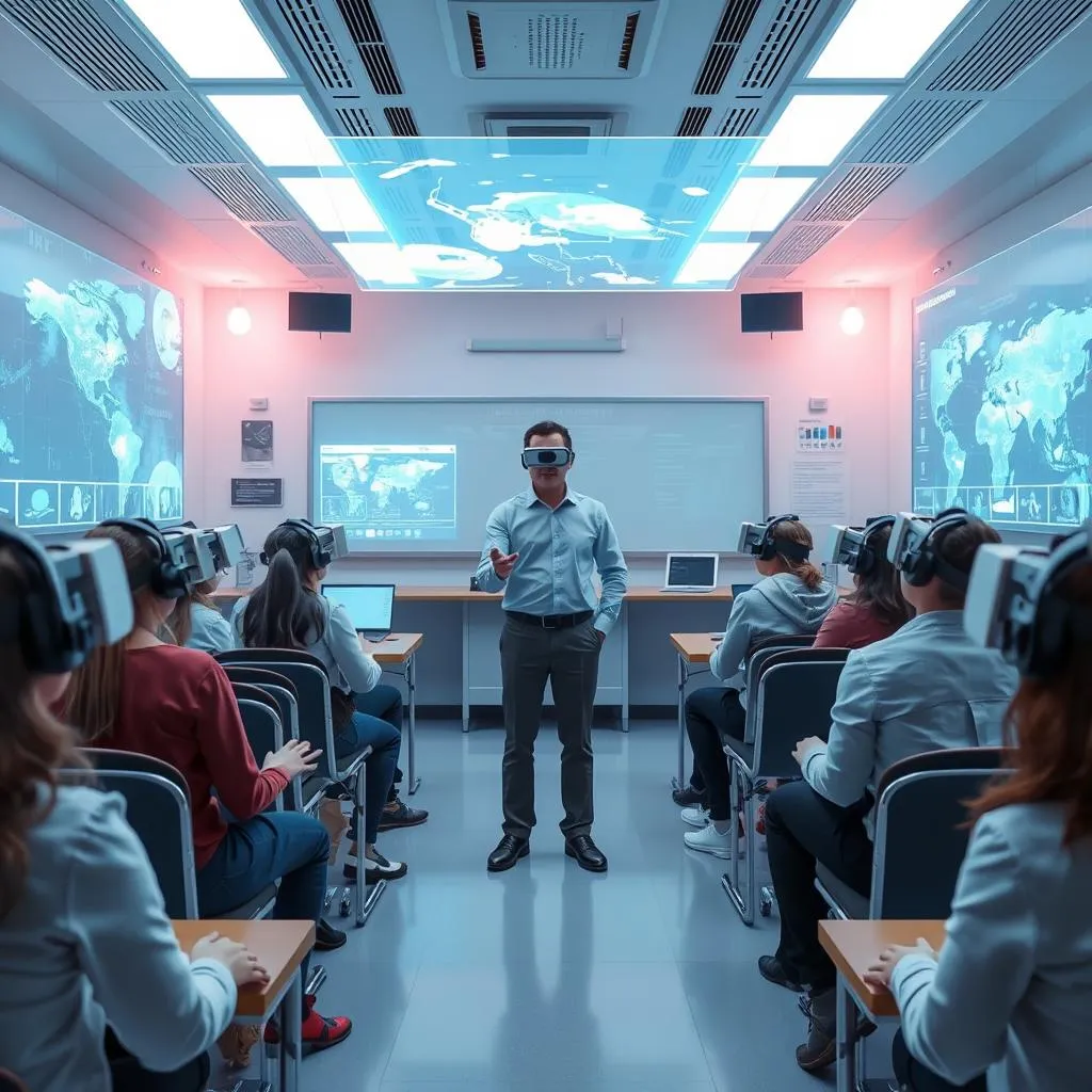 Future classroom with students using virtual reality technology