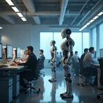 Humans and robots collaborating in a futuristic workplace