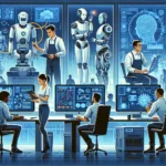 Futuristic job market with robots and humans working together