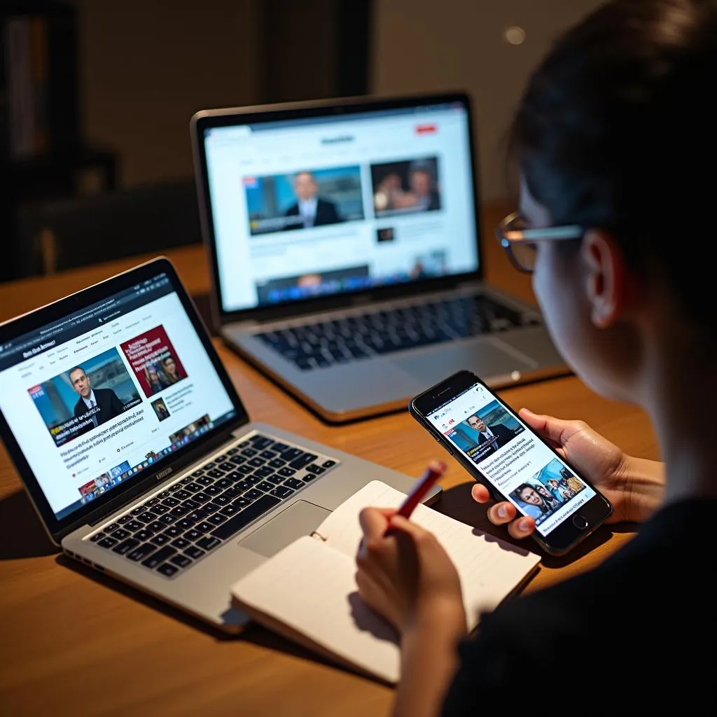 Person reading news from multiple devices