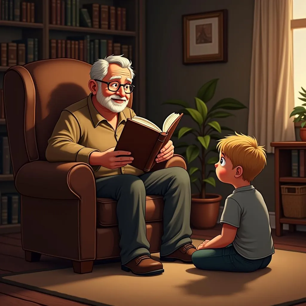 Grandfather teaching storytelling skill to grandson