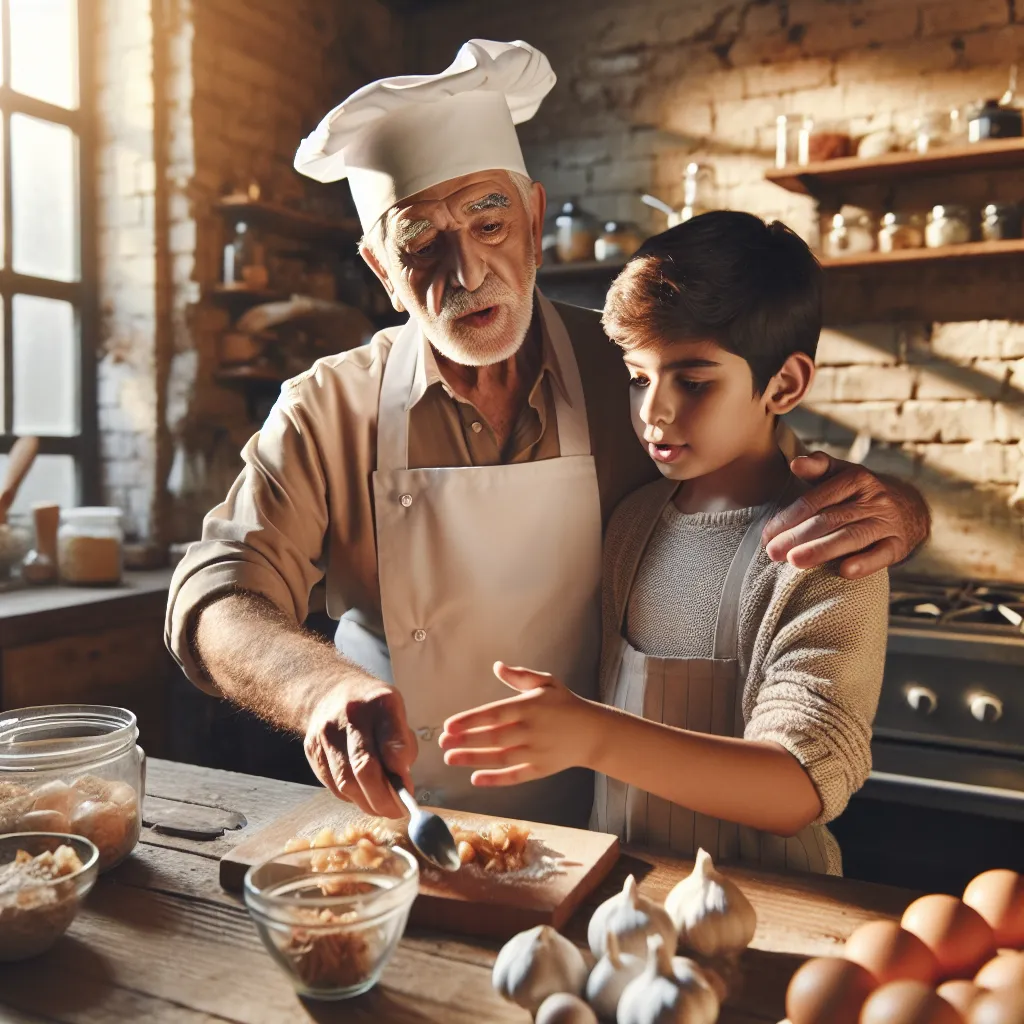 Grandfather teaching cooking skills