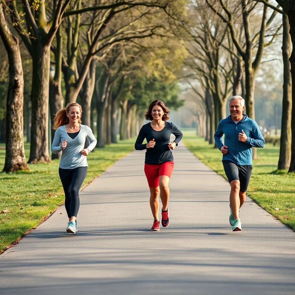 A group of people jogging together outdoors in the morning.