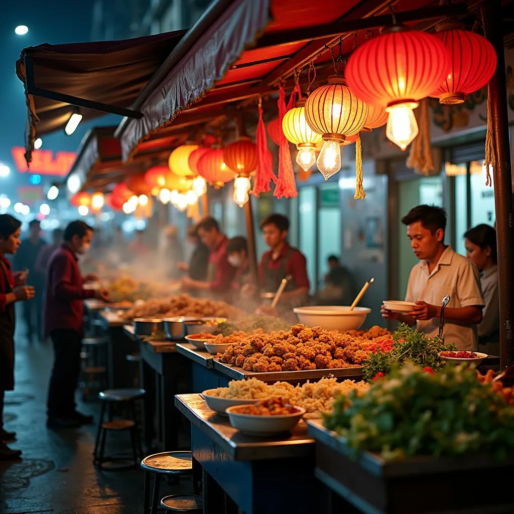 Busy street food scene in Hanoi