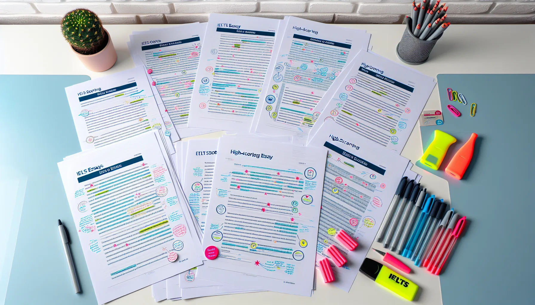 High-scoring IELTS essay examples displayed on a desk