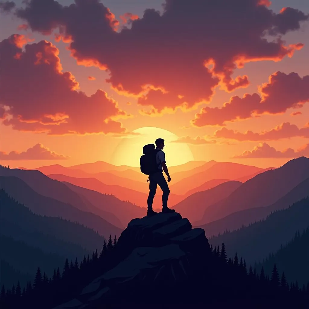 Hiker admiring sunset from mountaintop