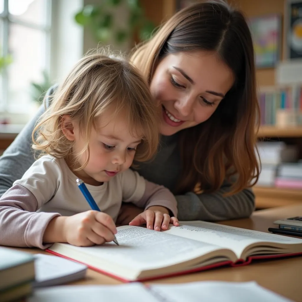 Parent teaching child at home