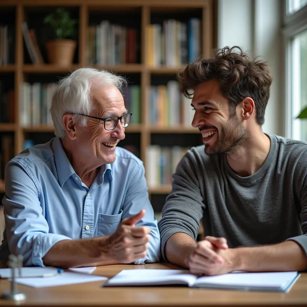 Grandfather inspiring grandson during IELTS speaking test