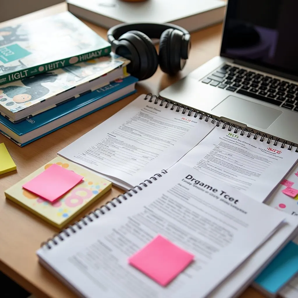 IELTS study materials organized on a table