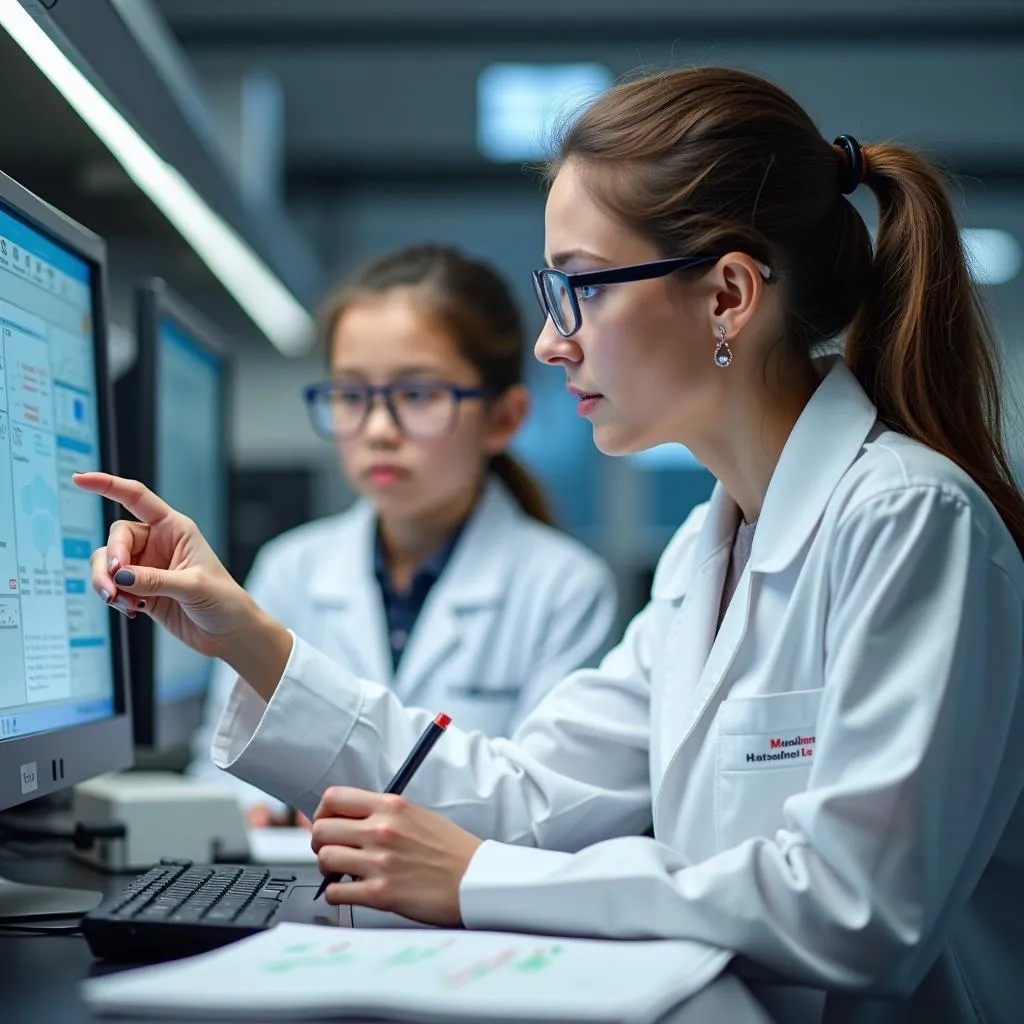 Influential mentor guiding a student in a laboratory