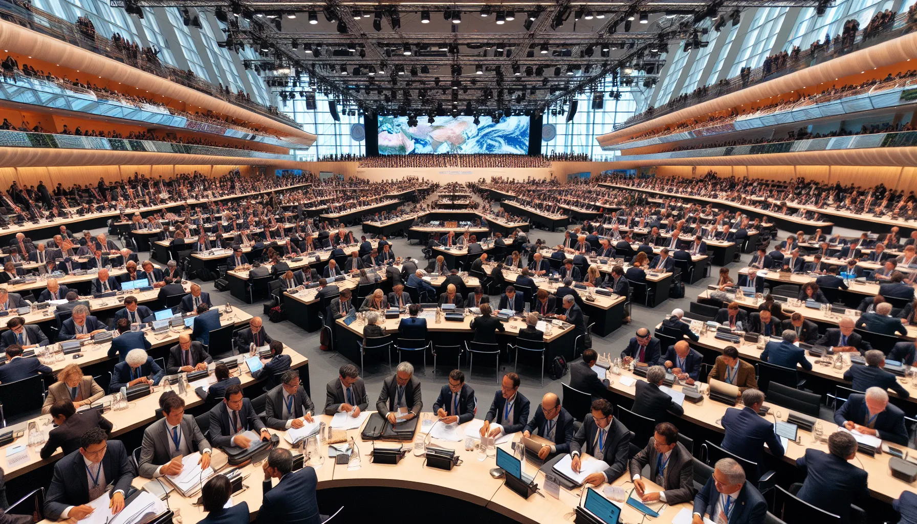 Delegates from various countries engaging in discussions at a climate change conference