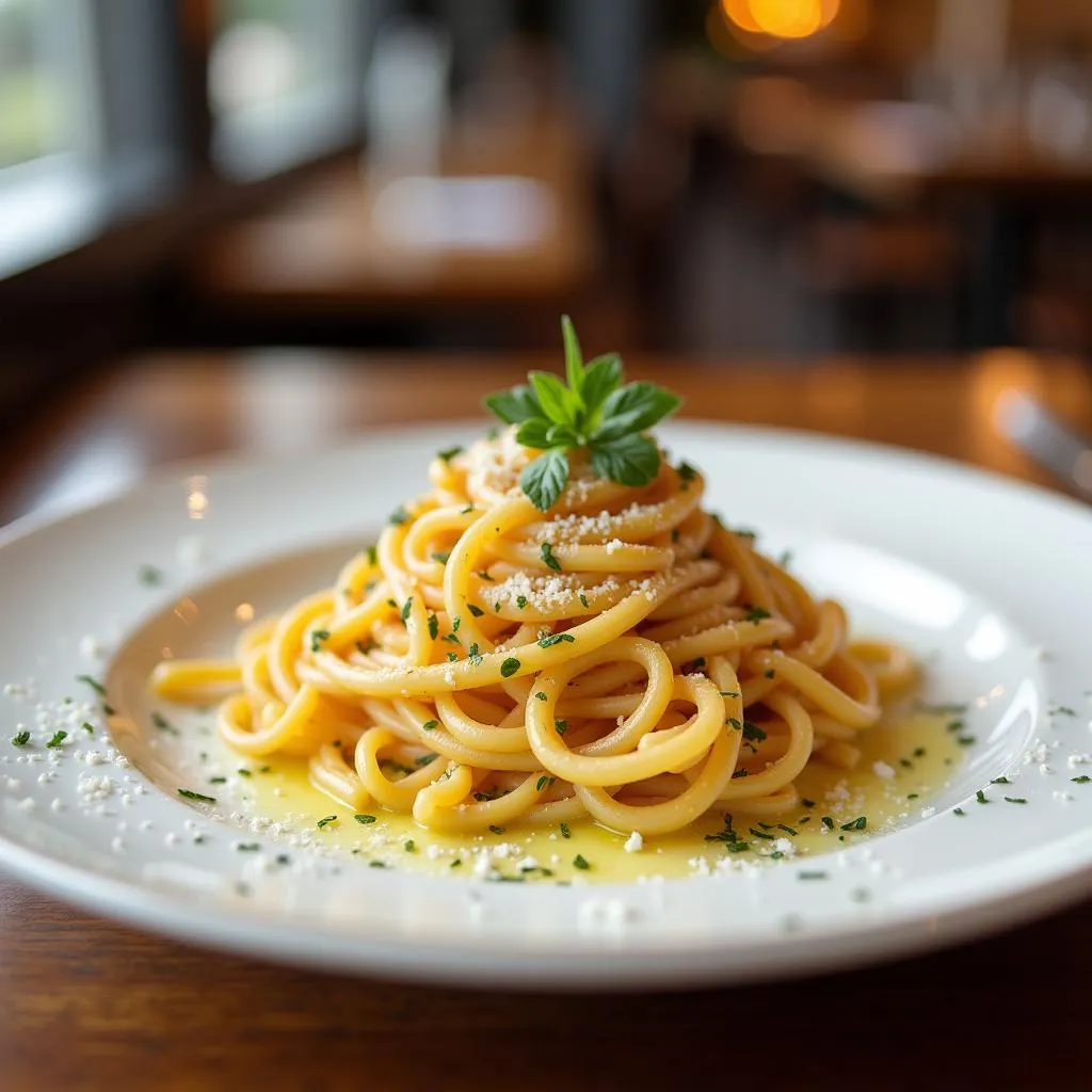 Beautifully presented pasta dish in an Italian restaurant