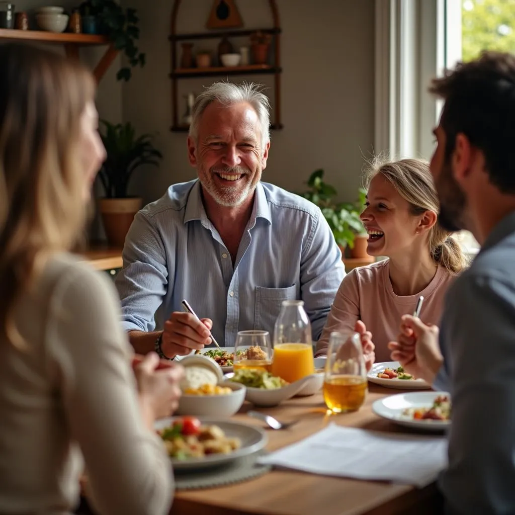 John enjoying a family dinner with his wife and children.