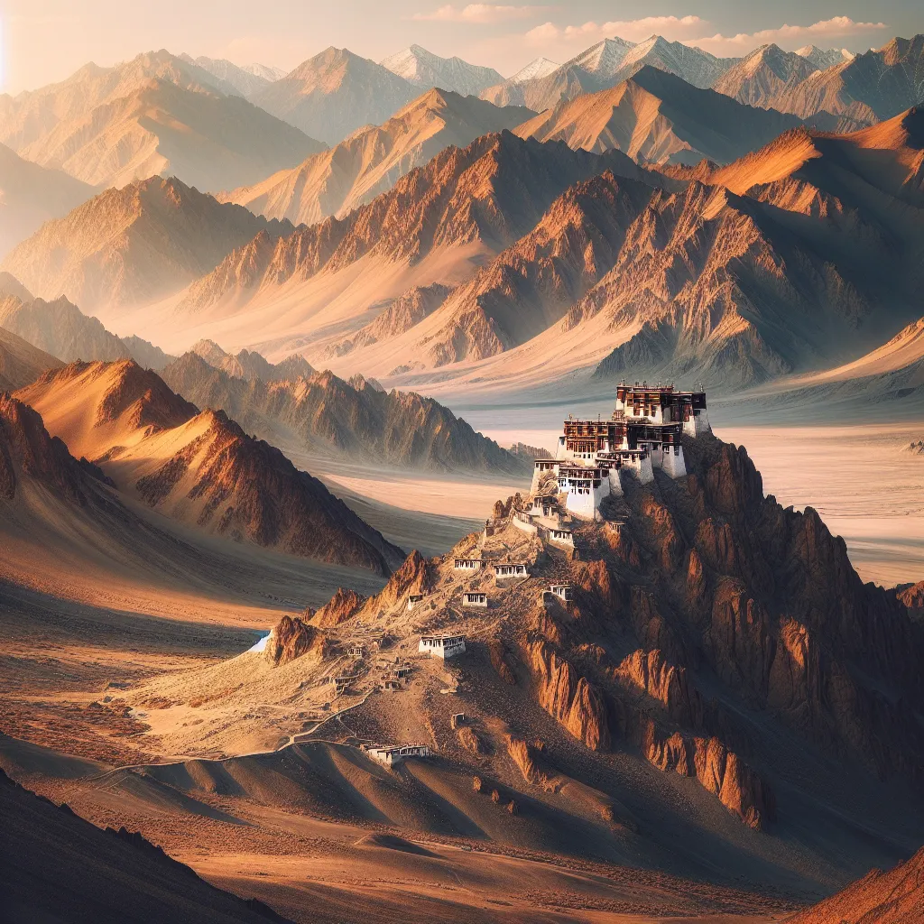 Ladakh landscape with mountains and monastery