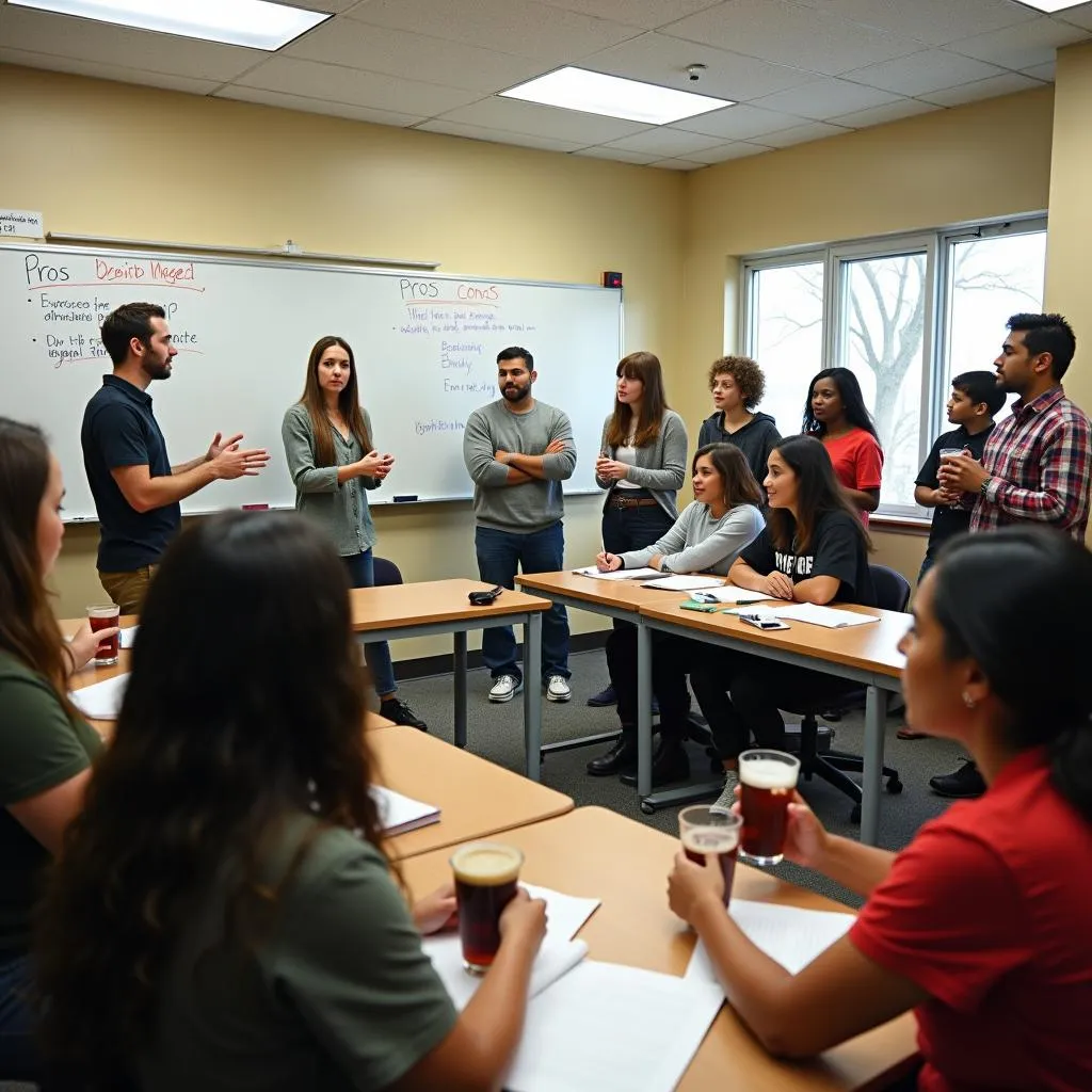 Students debating legal drinking age in classroom