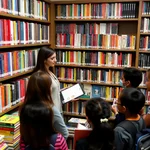 Librarian carefully selecting multicultural books