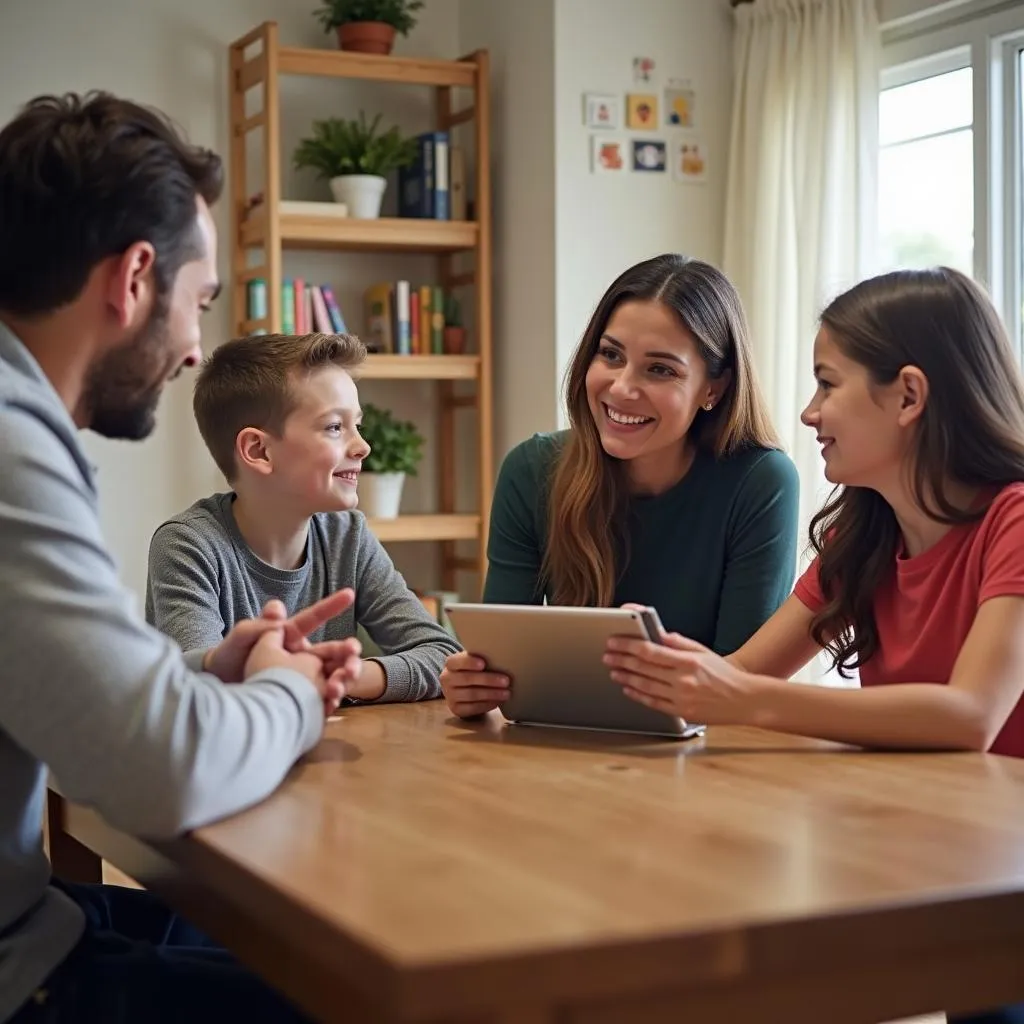 Family discussing screen time limits