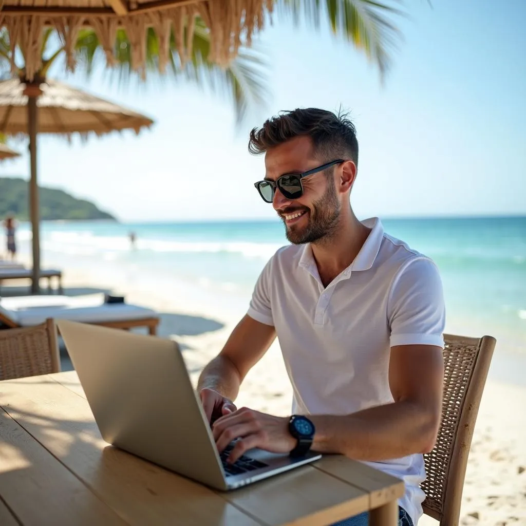 Man working remotely on the beach