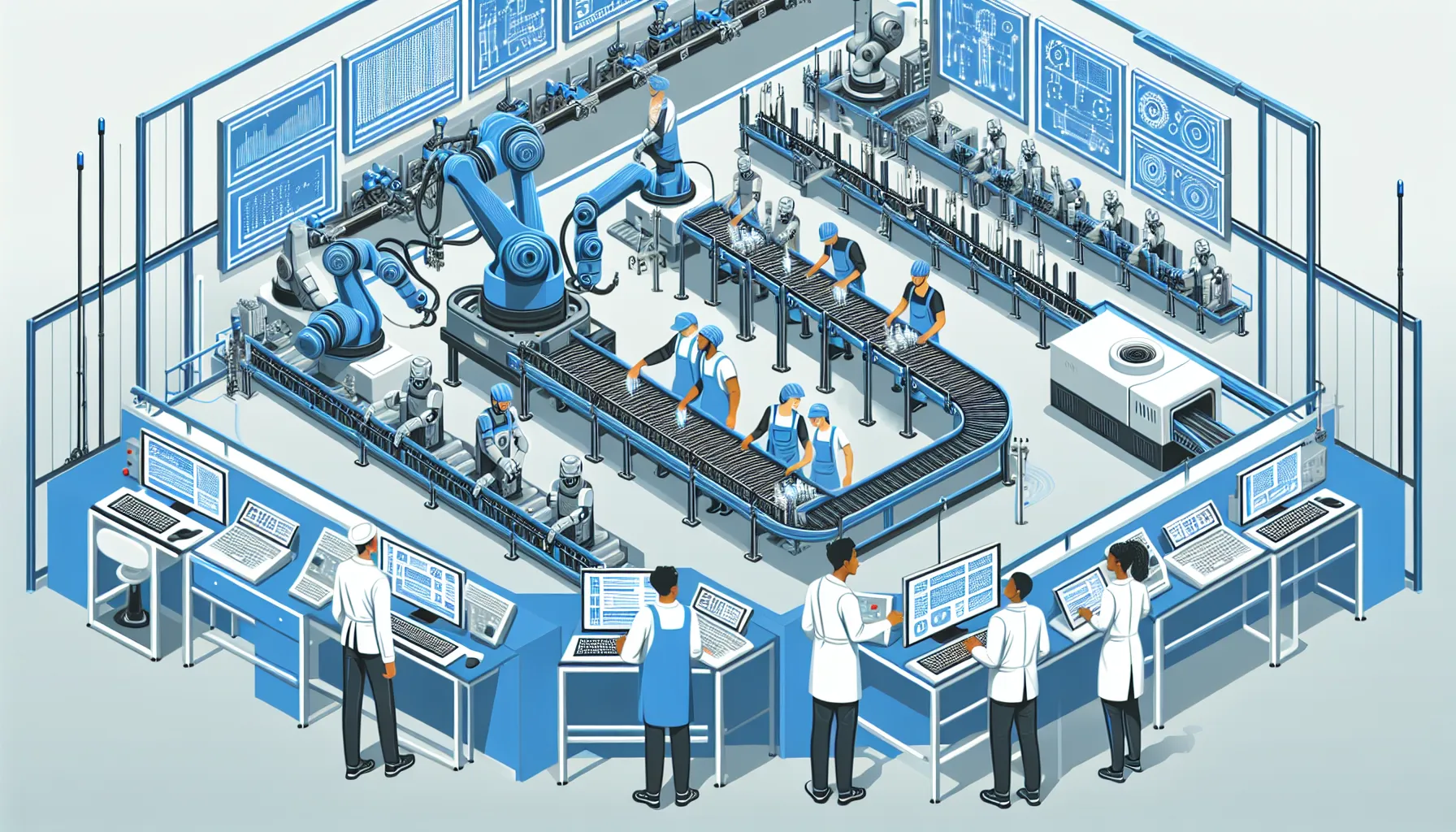 Automated production line with robotic arms and conveyor belts