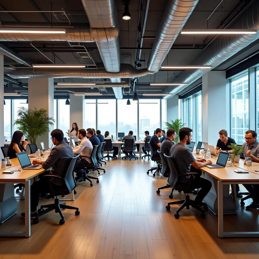 Open plan tech startup office with employees collaborating