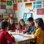 Diverse students in a multicultural classroom