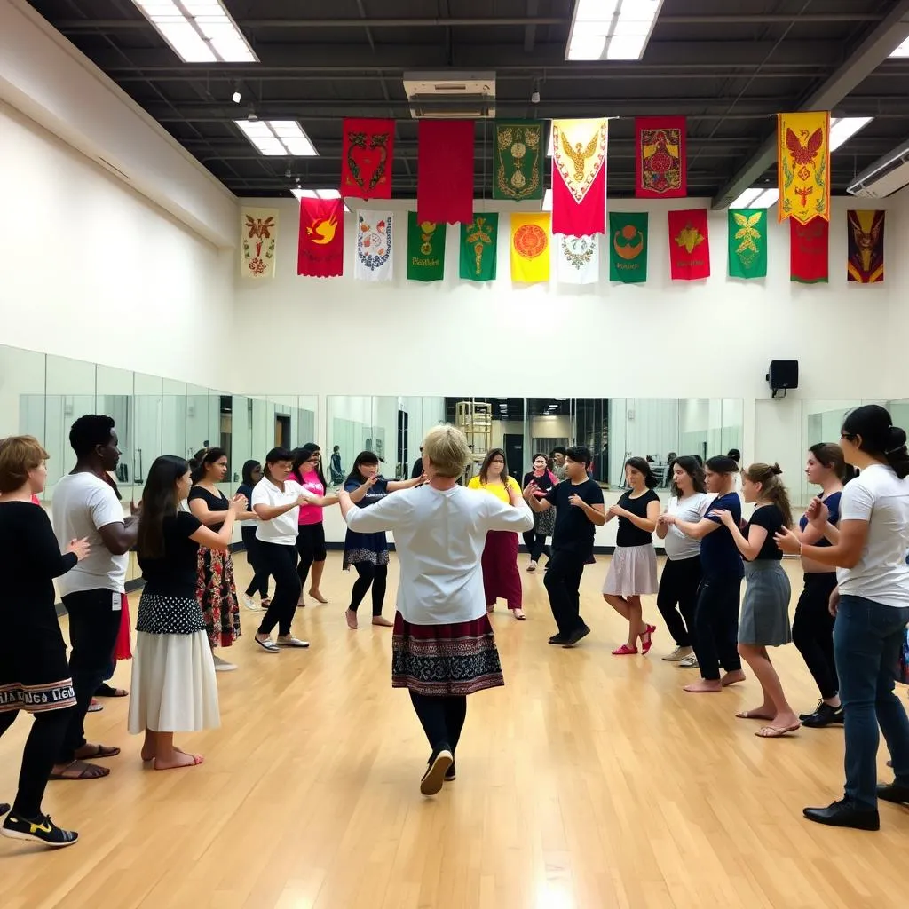 Students participating in a multicultural dance workshop