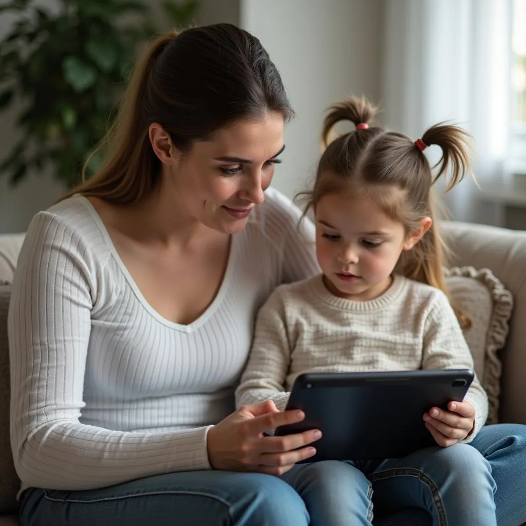 Parent and child talking about internet safety